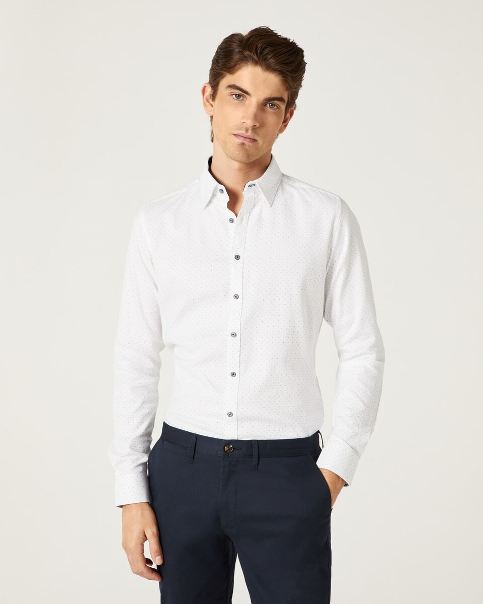 Mens White/Khaki Slim Long Sleeve Polka Dot Shirt